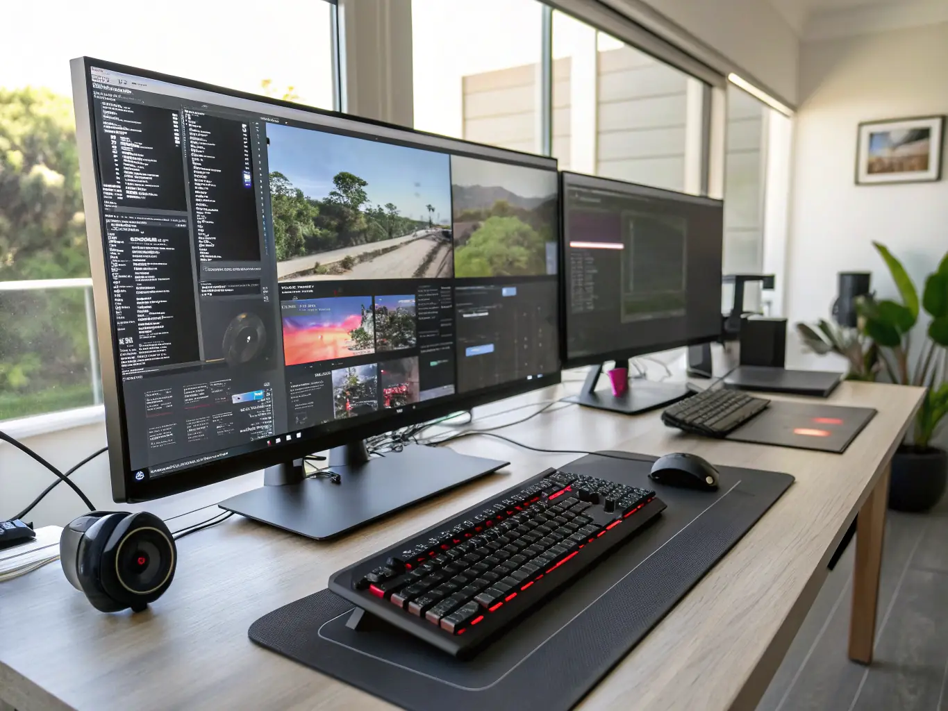 An image showcasing a modern desktop computer setup with multiple monitors and peripherals, representing reliable computer systems and workstations.