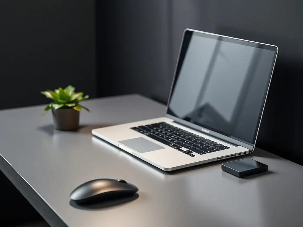 A well-organized desk featuring various IT peripherals such as a keyboard, mouse, printer, and external hard drive.