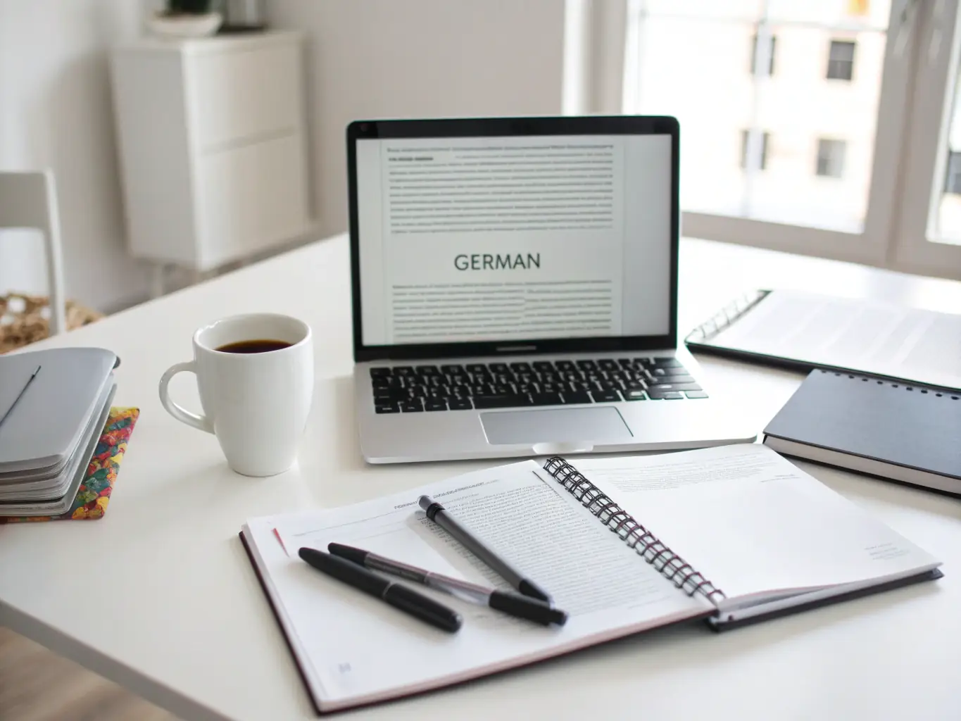 A sleek laptop open on a desk with a coffee cup and notepad nearby, symbolizing the portability and performance of laptops and portable devices.