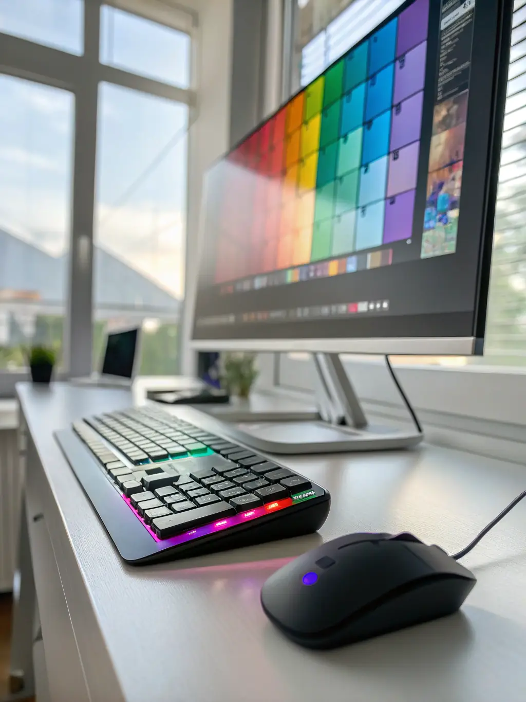 A high-quality image showcasing a modern desktop computer setup with multiple monitors and peripherals, emphasizing its use in a professional office environment.