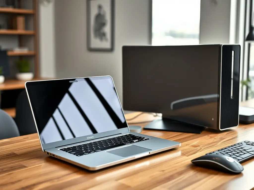 A high-quality desktop computer workstation set up in a modern office environment, showcasing its sleek design and functionality.